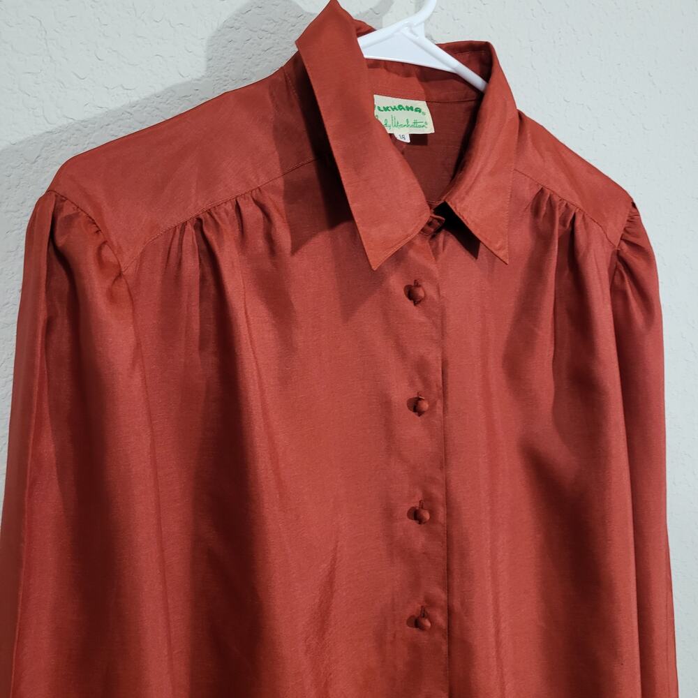 Vintage Blouse Lady Manhattan  Bow Neckline Womens Large Rust Silkhana 80s 90s - Picture 10 of 13